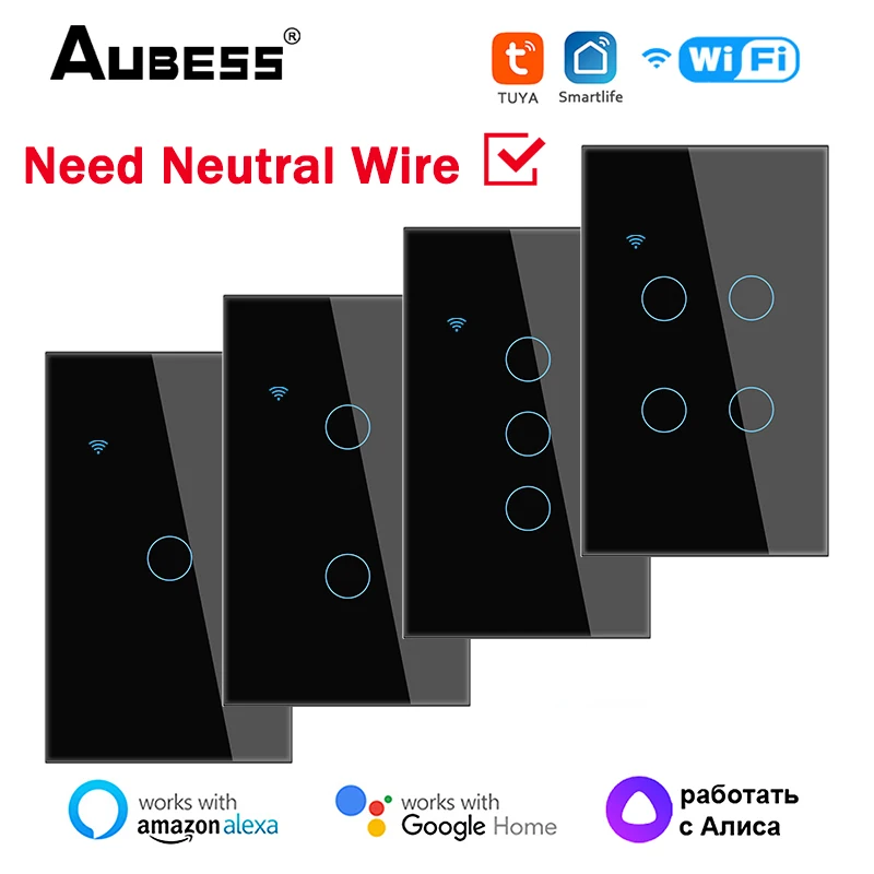 Aubess WiFi US Smart Switch Нужен нейтральный провод 1/2/3/4 Gang Light Switch Tuya Smart Life APP Control Поддержка Alexa Google Home