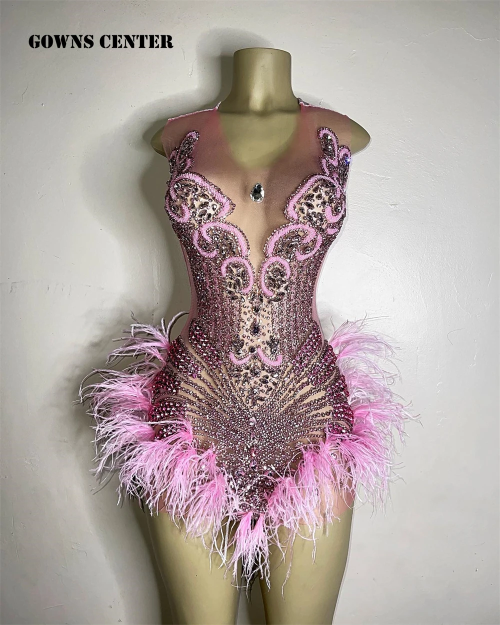 Мини-коктейльные платья с розовыми перьями и хрустальным бисером, Милое платье для дня рождения, платья для официальных мероприятий для черных девушек, vestidos para eventos