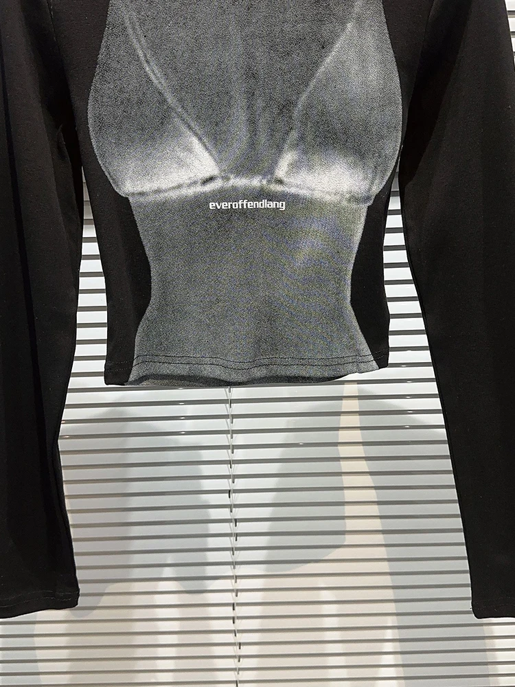 Модный женский короткий черный топ с буквенным принтом для женщин, футболка с длинным рукавом и круглым вырезом, новинка осени 2023 года, Tide 11XX5480 2