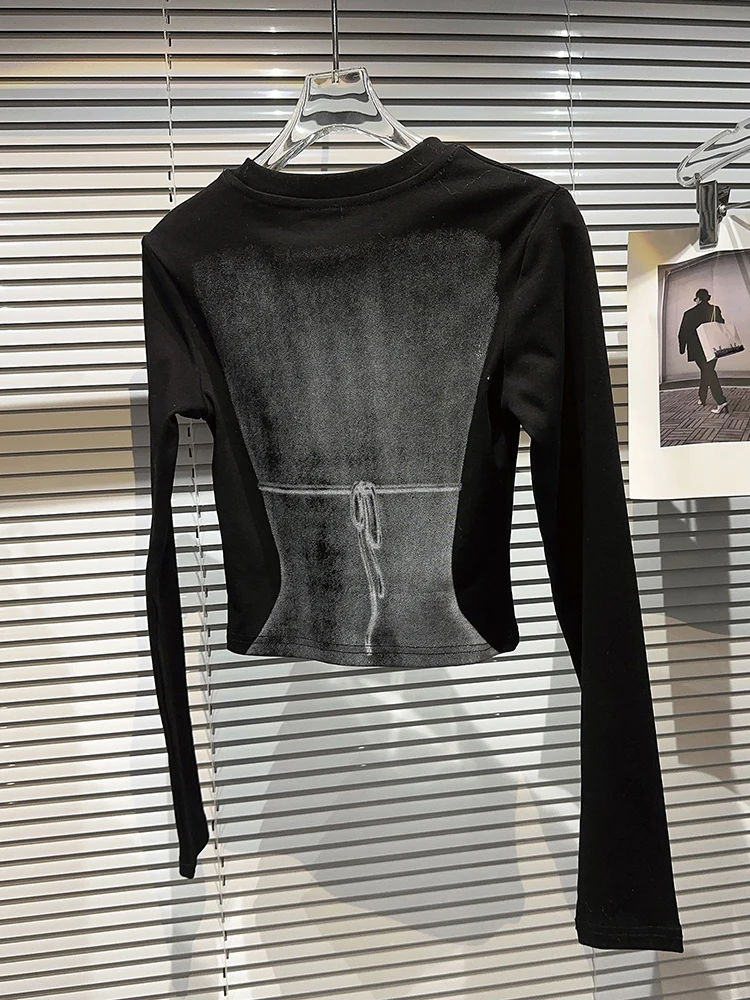 Модный женский короткий черный топ с буквенным принтом для женщин, футболка с длинным рукавом и круглым вырезом, новинка осени 2023 года, Tide 11XX5480 3