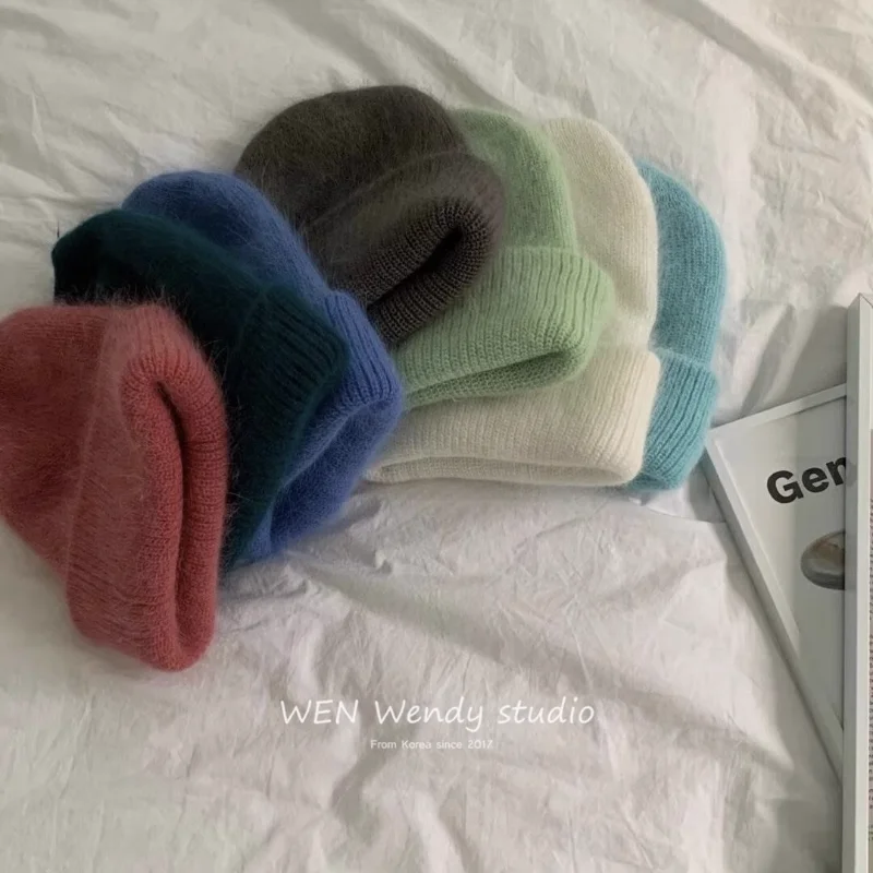 Южная Корея Dongdaemun Купить Вязаную шапку из многоцветной кроличьей шерсти Blogger Теплая Холодная шапка