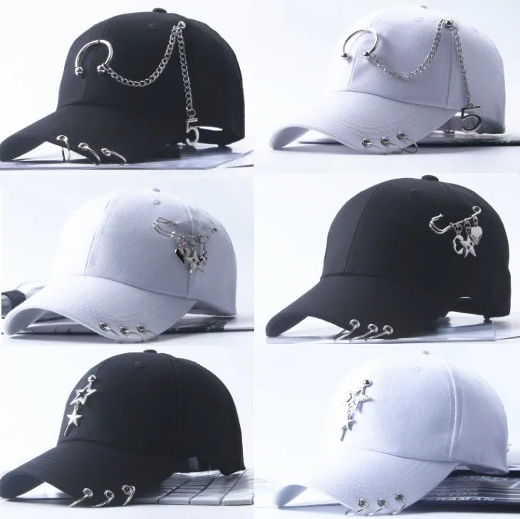 BBS083 Бейсболки в стиле панк с металлической булавкой, женские шляпы в стиле хип-хоп, повседневные хлопчатобумажные шляпы от солнца с кольцом