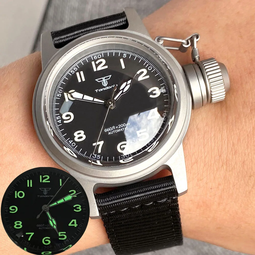 36 мм мужские часы Tandorio Военные часы в стиле кисточки Ретро Япония NH35 Автоматические 200 м водонепроницаемое стекло с двойным куполом Зеленый Светящийся серый