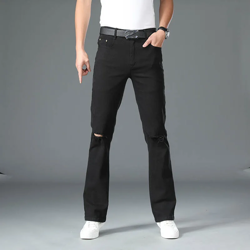 Черные Новые расклешенные джинсы Осенние мужские джинсы элегантного повседневного кроя, деловые широкие брюки с дырками на коленях, рваные расклешенные брюки