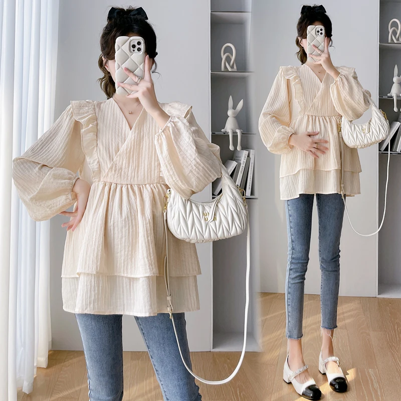 7166 # Осенняя Корейская модная блузка для беременных с рюшами, V-образный вырез, Свободная рубашка-туника, Одежда для беременных, топы для беременных