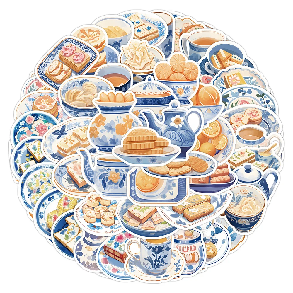 10 шт. Мультяшная бело-голубая фарфоровая посуда, акварельный десерт, изысканные наклейки для ноутбука, чехол для телефона, шлем, чемодан