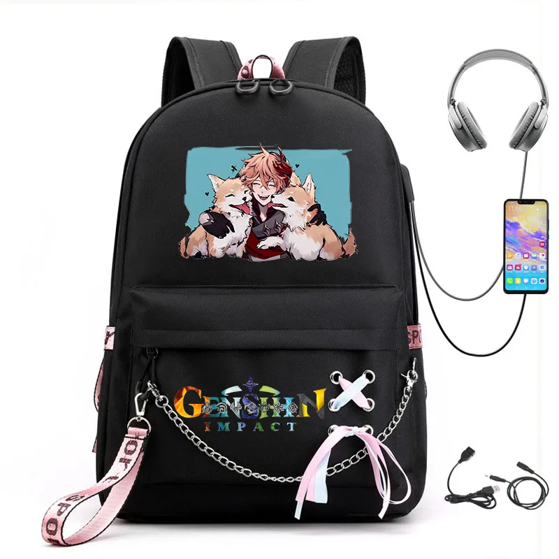 Школьная сумка для подростков Genshin Impact, Черная детская сумка, сумка с мультяшной печатью, Детский рюкзак, Повседневный рюкзак, USB-сумка