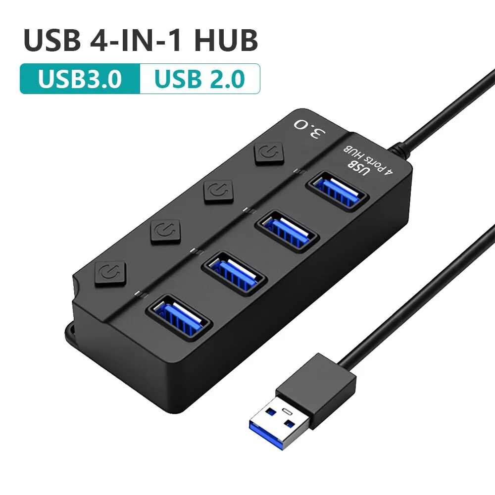 КОНЦЕНТРАТОР USB 3.0, USB-разветвитель 2.0, USB-адаптер 4 в 1, Многопортовый независимый выключатель питания, удлинитель кабеля длиной 30 см