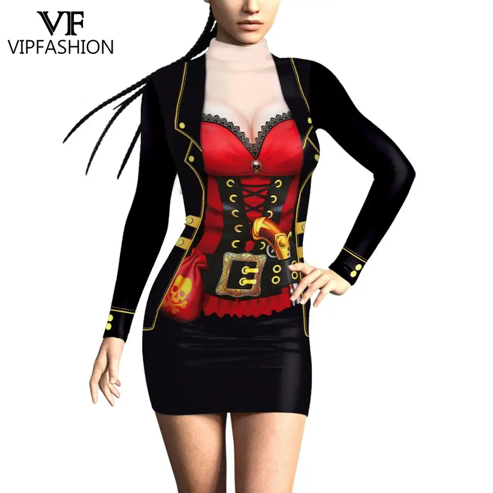 VIPFASHION Пиратское платье для косплея Женские облегающие платья на Хэллоуин Праздничная уличная одежда с длинным рукавом Женские наряды для вечеринок Сексуальная одежда