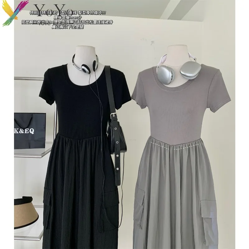 Женское летнее облегающее платье Миди с U-образным вырезом и короткими рукавами в простом стиле, повседневная уличная одежда 2