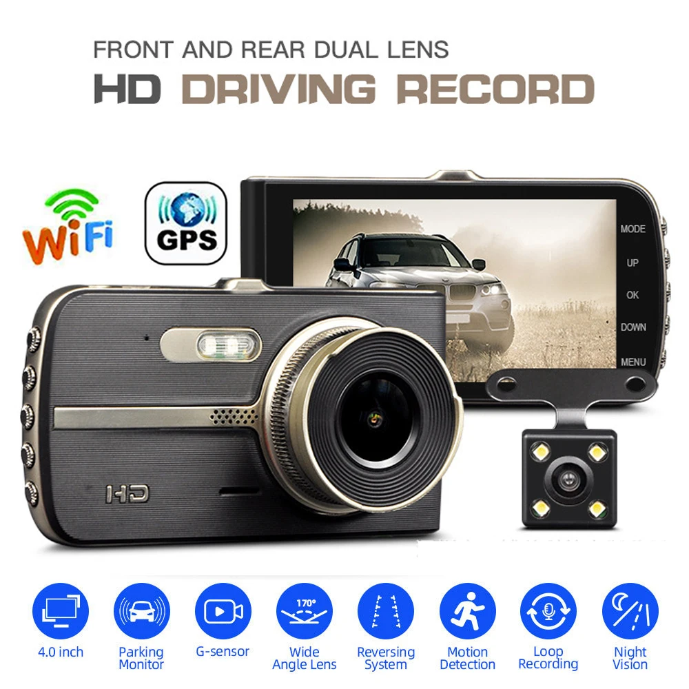 Видеорегистратор WiFi GPS Автомобильный видеорегистратор Камера автомобиля 1080P HD Видеомагнитофон с двумя объективами Автоматический Черный ящик заднего вида Монитор парковки ночного видения