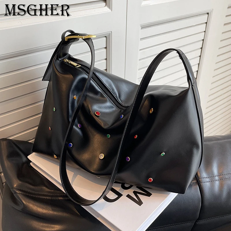 Роскошная дизайнерская однотонная Женская большая сумка, модная милая сумка-мессенджер с заклепками, женская сумка через плечо из искусственной кожи 0