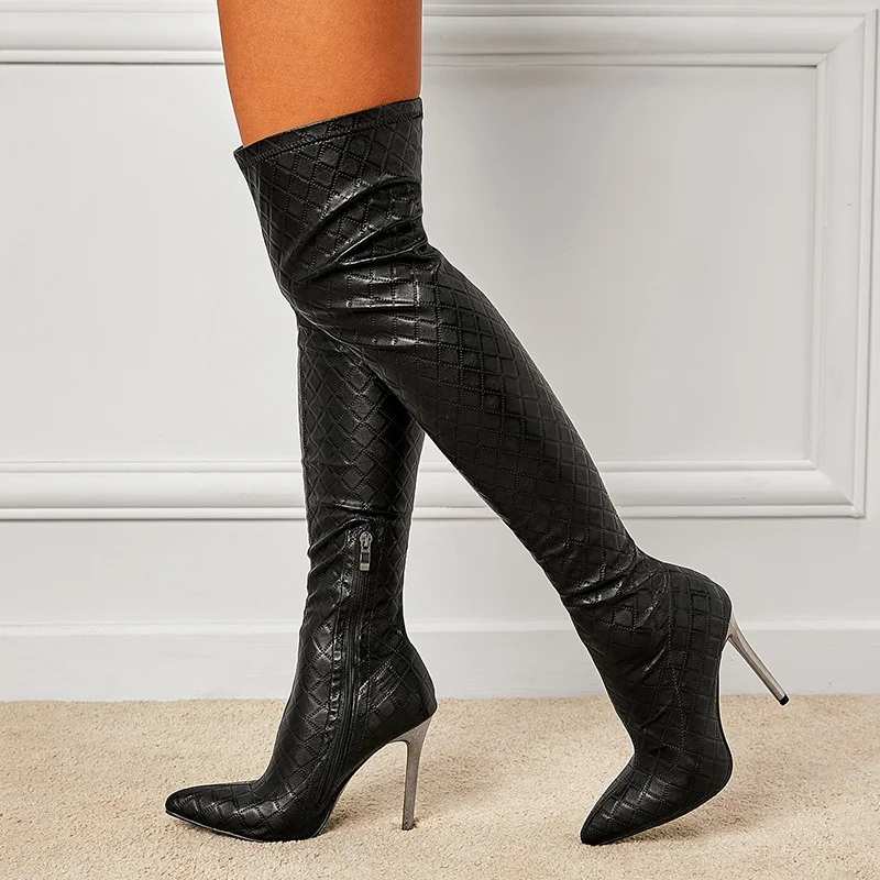 Новинка 2023 года; Женская обувь на высоком каблуке в клетку с острым носком на шпильке; Модные Однотонные сапоги выше колена; Botas De Mujer