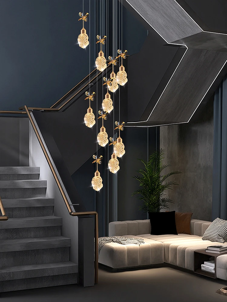 Светодиодная Скандинавская хрустальная люстра Simplicity Gold Crystal Подвесной светильник для гостиной Внутреннее освещение Вилла Лофт Лестница Подвесной светильник 3