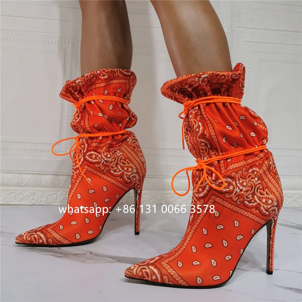 Женские осенние ботильоны с оранжевой резинкой, повседневные ботинки на высоком каблуке, большие размеры, Высокая теплая хлопковая обувь, Модная женская зимняя