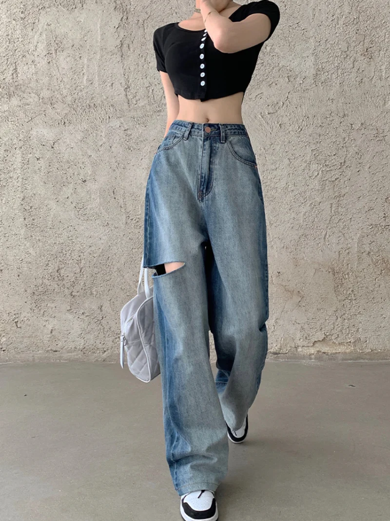 WDMSNA Джинсы с завязками, женские свободные широкие брюки с дырками, прямые повседневные джинсовые брюки с высокой талией, Новые осенние синие джинсы для женщин