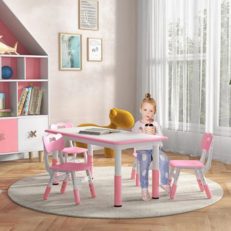 Комплект из детского стола и стула с 4 стульями, регулируемая высота, легко моющаяся поверхность стола, зеленый/розовый