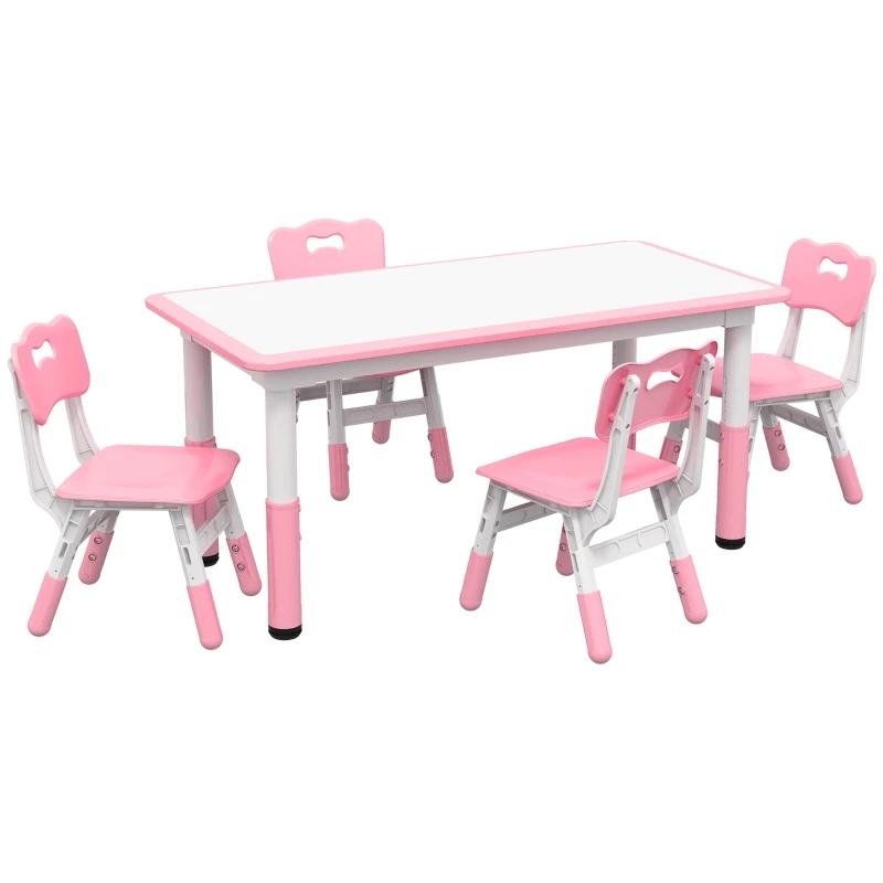 Комплект из детского стола и стула с 4 стульями, регулируемая высота, легко моющаяся поверхность стола, зеленый/розовый 1