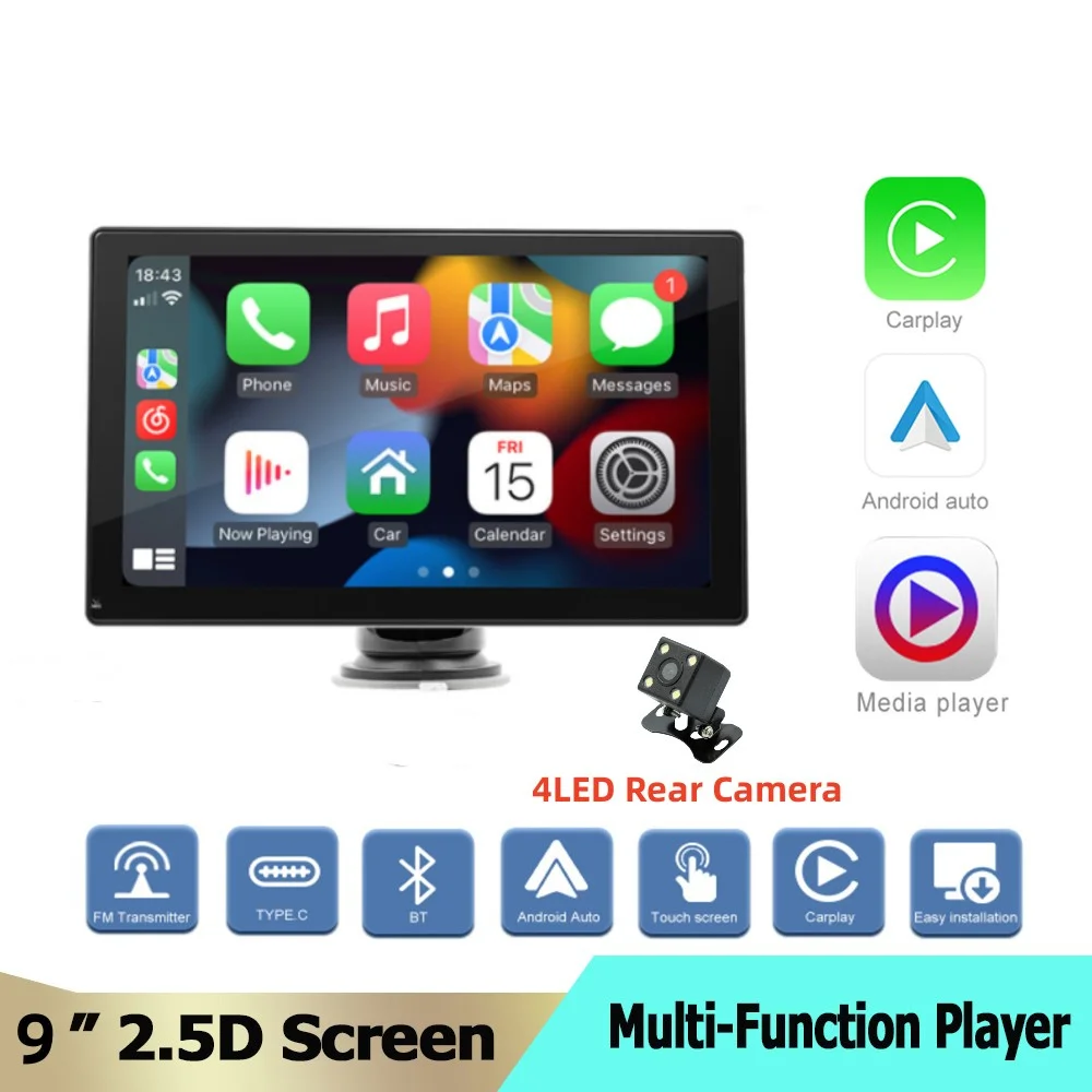 9-дюймовый MP5-плеер с сенсорным экраном, беспроводное автомобильное Bluetooth-радио Apple Carplay/Android Auto, Многоязычная поддержка, Камера заднего вида 0