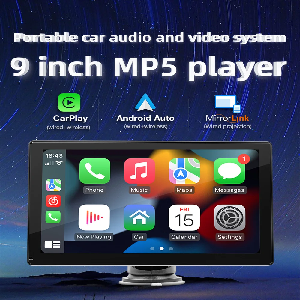 9-дюймовый MP5-плеер с сенсорным экраном, беспроводное автомобильное Bluetooth-радио Apple Carplay/Android Auto, Многоязычная поддержка, Камера заднего вида 1