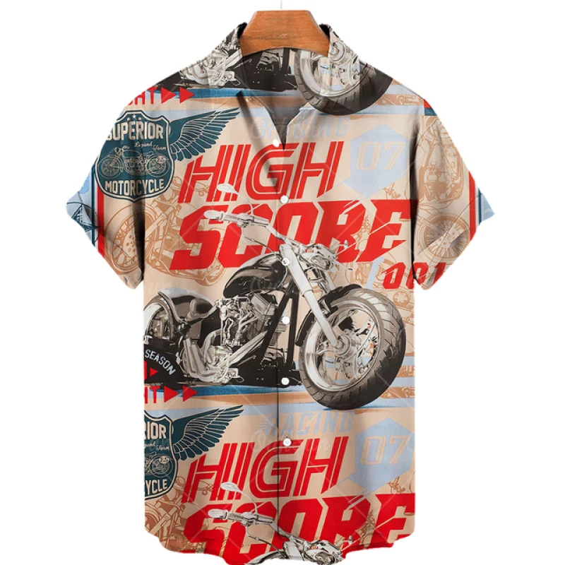 2023 Летняя модная мотоциклетная рубашка с 3D цифровым принтом с коротким рукавом, мужские пляжные рубашки с лацканами, топы.