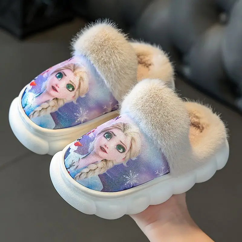 Детские хлопчатобумажные тапочки Disney Frozen Princess Elsa Winter Girl Детские нескользящие теплые домашние тапочки для пола, синие меховые туфли, размер 2
